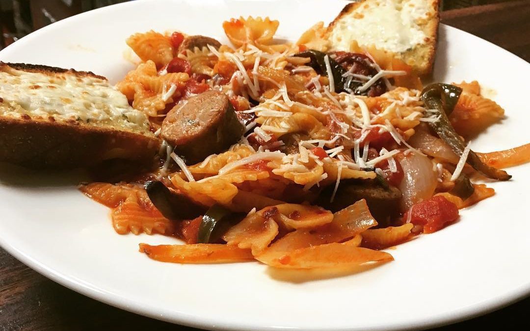Sautée Special this week! Sausage Roma – slightly spicy tomato sauce with sausage, served over bow tie pasta #Waltham #pasta #specials #beer
