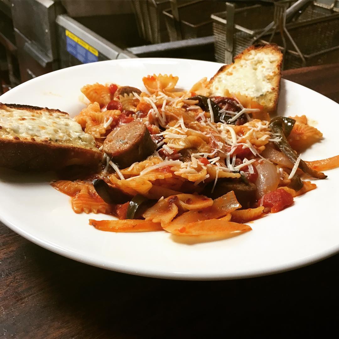 Sautée Special this week Sausage Roma   slightly spicy tomato sauce with sausage served over bow tie pasta