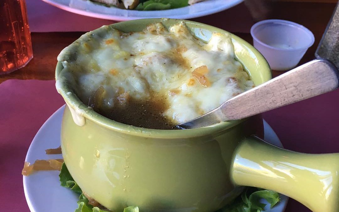 Freddy’s French Onion Soup is pretty badass. That’s a Spinach, Pear & Gorgonzola salad in the background(we recommend the apple cider vinaigrette dressing) #Waltham #wehavefunhere #somuchmorethanburgersandbeer