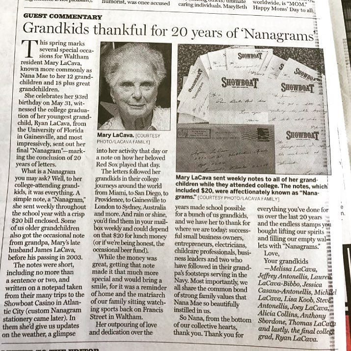 Our Matriarch is turning 93 in a few weeks Her youngest grandchild graduated from college last weekend She wrote to all us grandkids weekly when we were in school She was so proud to be putting that last letter in the mail and it was so great to see She is a special lady and we are all so lucky to have her