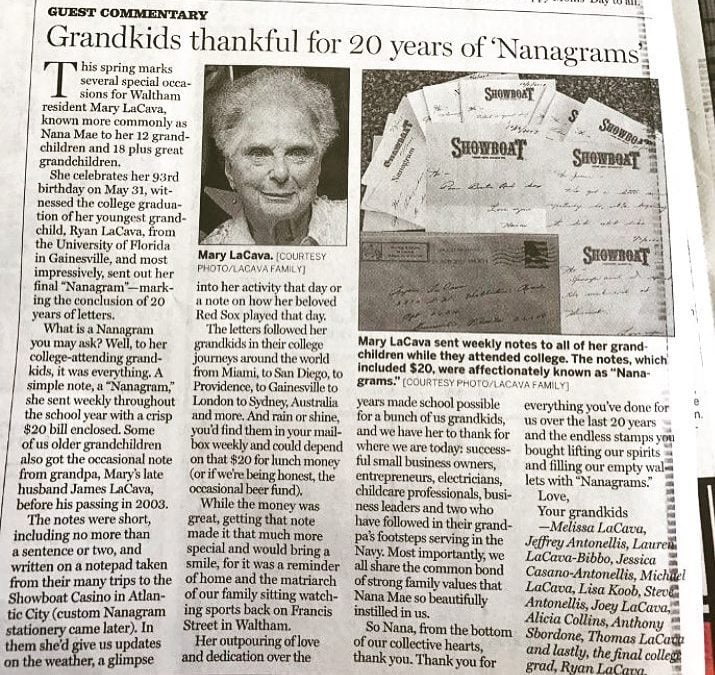 Our Matriarch is turning 93 in a few weeks. Her youngest grandchild graduated from college last weekend. She wrote to all us grandkids weekly when we were in school. She was so proud to be putting that last letter in the mail and it was so great to see. She is a special lady and we are all so lucky to have her! #nanagrams
