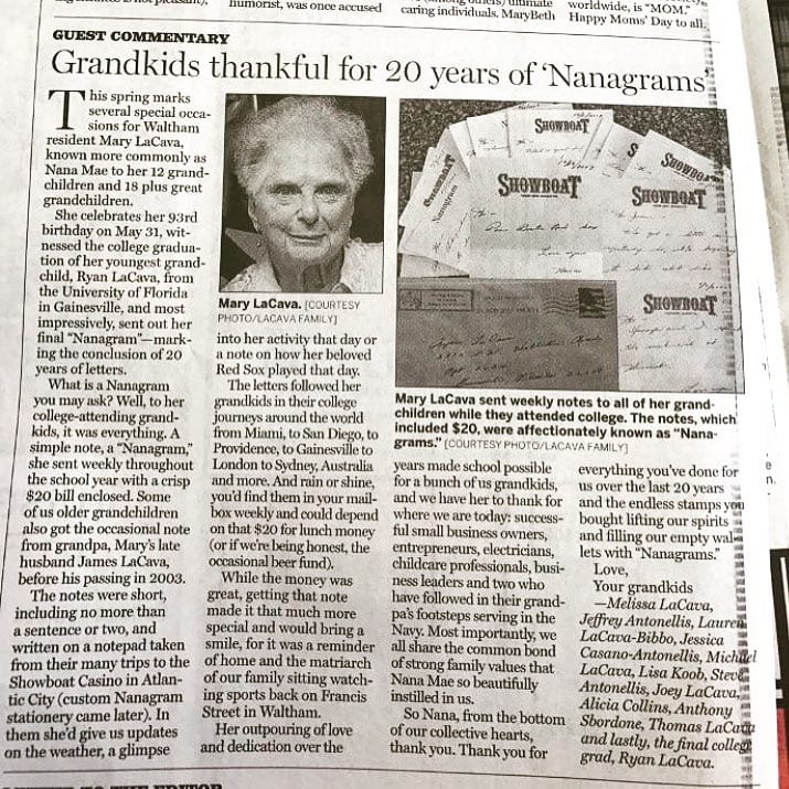 Our Matriarch is turning 93 in a few weeks Her youngest grandchild graduated from college last weekend She wrote to all us grandkids weekly when we were in school She was so proud to be putting that last letter in the mail and it was so great to see She is a special lady and we are all so lucky to have her sports bar restaurant waltham ma