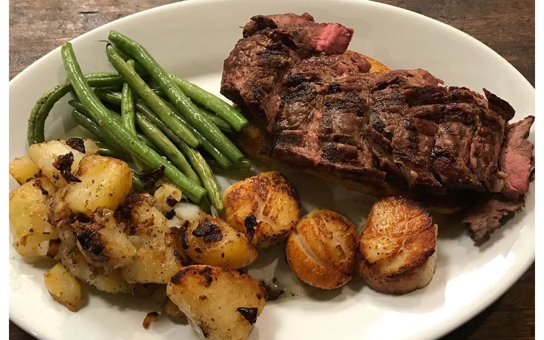 How are you starting your weekend? We’ve got Surf ‘n Turf on the menu! Evil Food Genius hard at work. #scallops #londonbroil #Waltham #wehavefunhere #beer #weekend #specials #myevilfoodgeniusisbetterthanyours