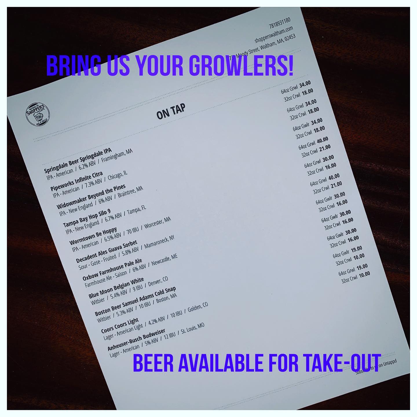 It’s Friday! We’ve made it to the weekend!For the safety of everyone involved, we are encouraging all patrons to pay for orders over the phone to promote Thank you for your understanding!We have beer for you!
Draft beers available in 32oz or 64oz Growlers, you must provide your own vessel...TAKEOUT ONLY.Bud Light 18 packs, $19.99, available for Takeout or Delivery.Follow us on @untappd for menu updates.