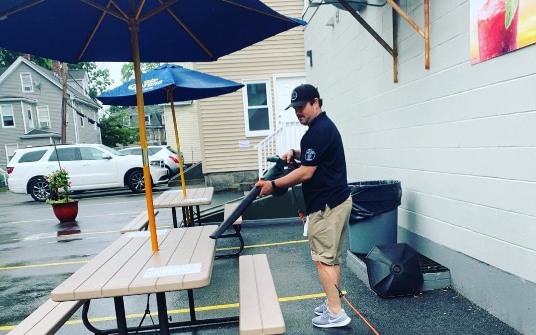 We’re open! Mike working hard using the blower to dry everything so no one is sitting in puddles! #waltham #moodyst #thirstythursday #shoppers