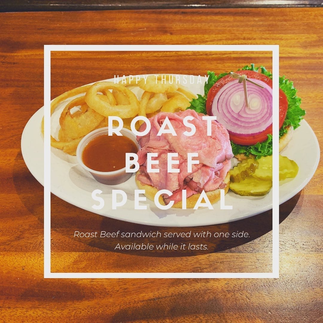 On the board today!Roast Beef Sandwich, served with one side $8.95BIG NEWS! We now have Gluten Free Pizza Crust! Add $2 to any SMALL PIZZA for a Gluten Free experience.