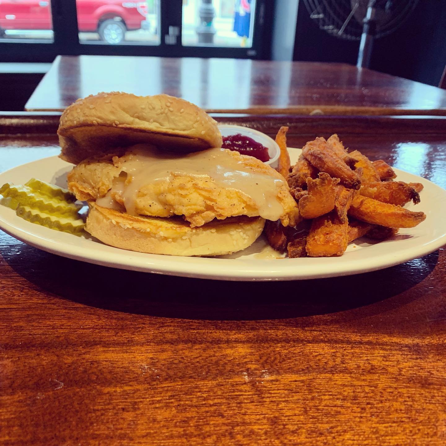 Thirsty Thursday!On the board today...Country Fried Chicken Sandwich $10.95
served with gravy & cranberry sauce and choice of sideRoast Beef Sandwich $10.95California Chicken Wrap $10.95
Grilled chicken, avocado, lettuce, tomato & ranch dressingSausage Cacciatore Dinner $10.95
served over pasta