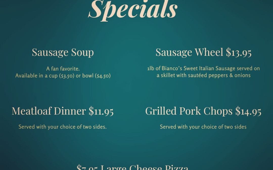 Some FAN FAVORITE SPECIALS on the board today! Meatloaf! Grilled Pork Chops! Sausage Soup! Have you tried the Sausage Wheel yet? #shoppers #waltham #specials #pizza #moodyst #outdoordining #beer
