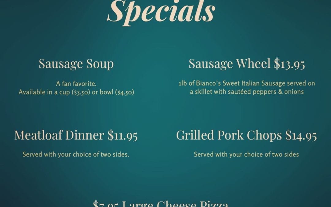 Some FAN FAVORITE SPECIALS on the board today! Meatloaf! Grilled Pork Chops! Sausage Soup! Have you tried the Sausage Wheel yet? #shoppers #waltham #specials #pizza #moodyst #outdoordining #beer