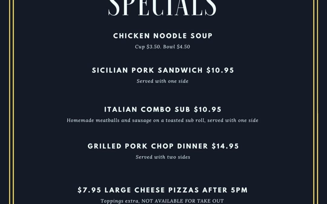 Pictured above, Tuesday Specials! FAMILY STYLE MEALS ARE BACK. Available Thursday through Sunday, we ask that you please dive us a 4 hour lead time for Family Style options. This week we will have: Chicken Parm Dinner $40 or Mac & Cheese $35 #shoppers #waltham #specials #moodyst #outdoordining #menu #fallchanges #lunch #dinner #familystyle