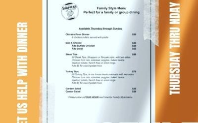 FAMILY STYLE TAKEOUT MEALS ARE BACK. Available Thursday through Sunday, we ask for a 4 hour lead time to get your dinner ready. Don’t cook all weekend, we got you. #shoppers #waltham #specials #moodyst #outdoordining #menu #fallchanges #lunch #dinner #familystyle #steaktips #chickenparm #macandcheese #turkeytips