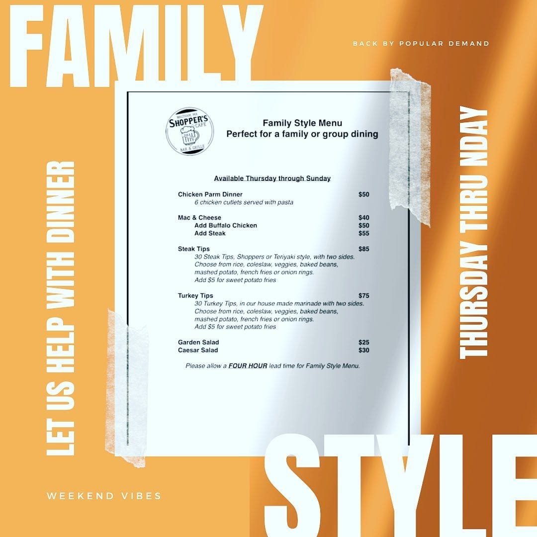 FAMILY STYLE TAKEOUT MEALS ARE BACK.Available Thursday through Sunday, we ask for a 4 hour lead time to get your dinner ready.Don’t cook all weekend, we got you.