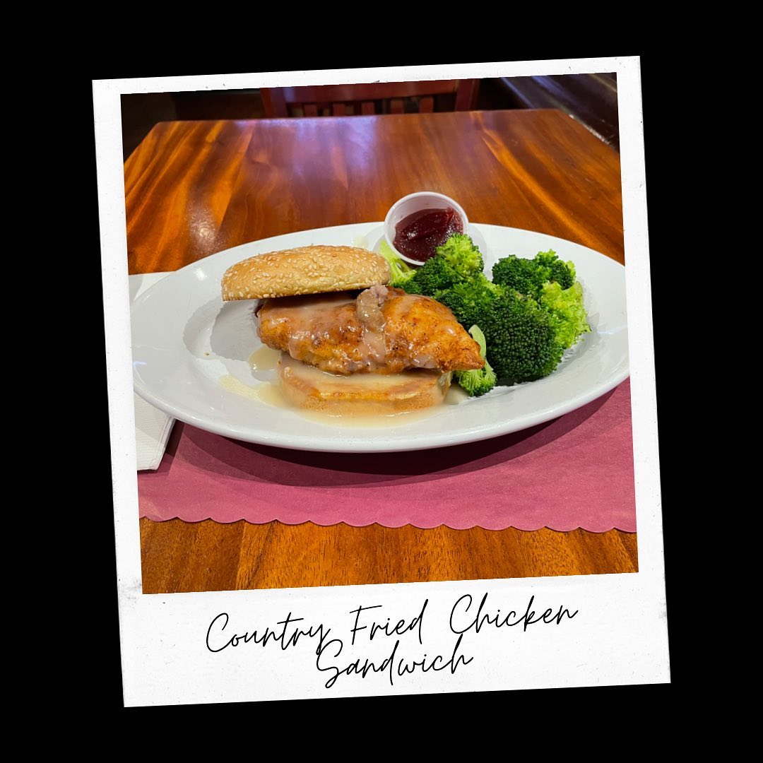 Country Fried Chicken Sandwich on the board today! Smothered in sausage gravy and served with a side of your choice, broccoli was perfect.$7.95 Large Cheese Pizzas tonight starting at 5PM. Toppings extra. Not available for take-out.See you soon!