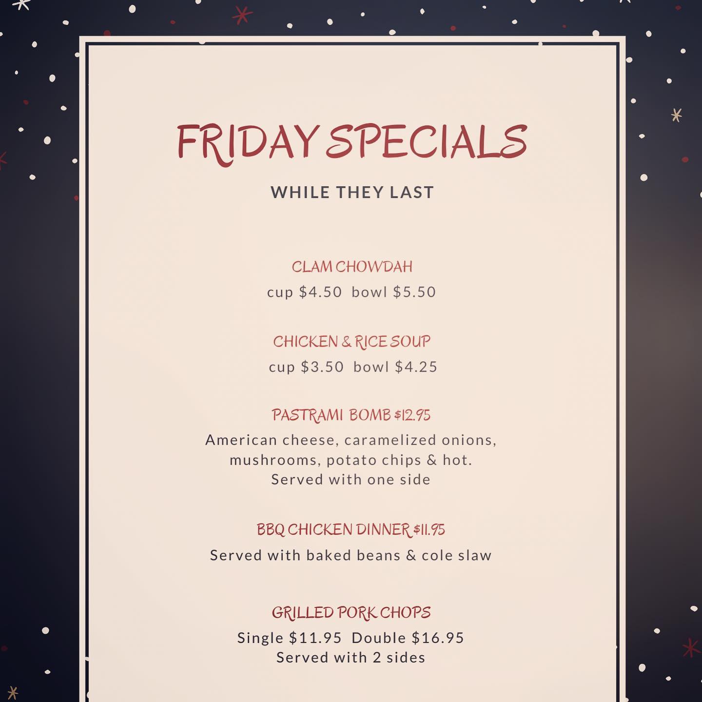 It’s Friday!The sun is out! Patio is open for another few weeks.All cocktails & beer are available to go! Just ask!