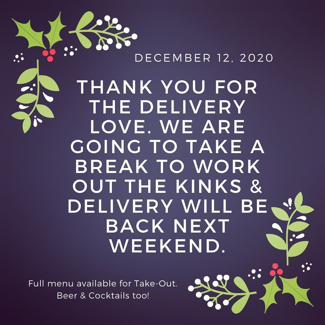 We had a great couple nights delivering to all our amazing friends! But we’re going to take a break to figure out the best strategy going forward.Delivery will be back on Thursday!Full menu available for take out! Have you tried the Sausage Wheel yet?!?!