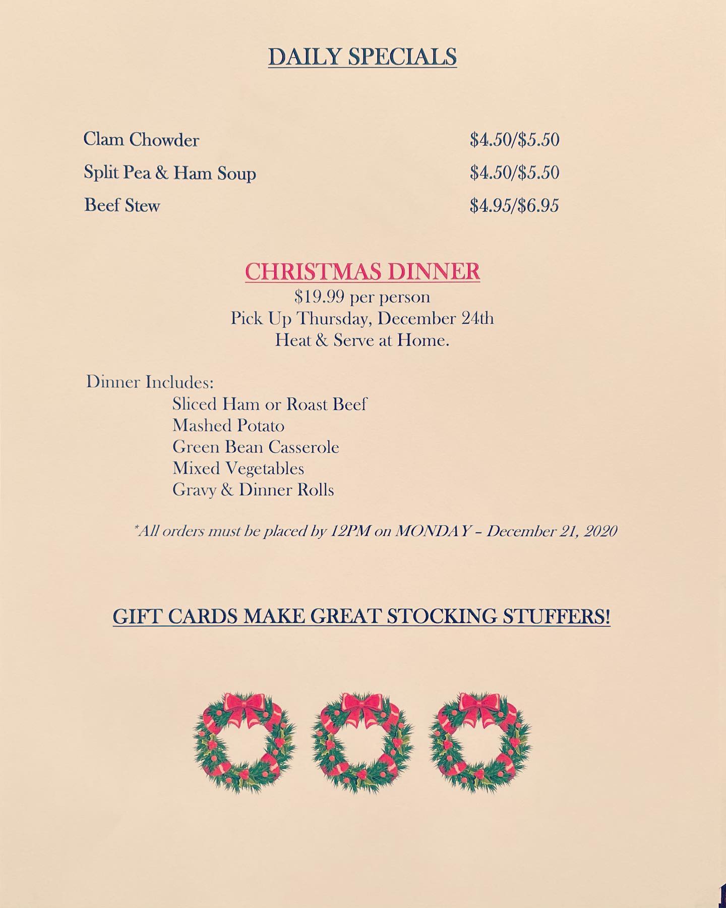We made it to Friday! Delivery TONIGHT from 4-9PM. Full menu available for Take-Out.Don’t forget we can help with Christmas Dinner! Give us a call!And don’t forget to add cocktails to your order! Snowflake Martini maybe? Or Peppermint White Russians? Take your pick!