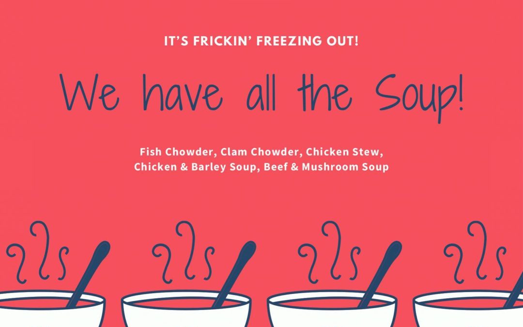 It’s cold! But we have soup! And beer! And booze! Come say hi! #shoppers #waltham #moodyst #weekend #pizza #beer #burgers #menu #beer #cocktails