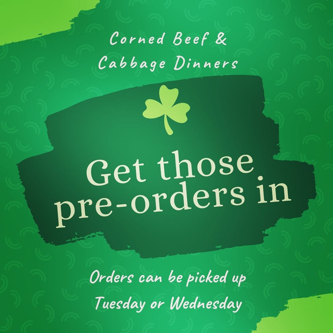 We have all your Corned Beef & Cabbage dinner needs covered.Option 1: Order Ahead! Place an order now for pick up on Tuesday 3/16 or Wednesday 3/17, heat and serve at home. Best option for LARGE ORDERS.Option 2: Dine-In! We’ll be open for regular dining. Full menu available along with Corned Beef & Cabbage Dinner.Option 3: Take-Out day of! We know not everyone wants to heat at home, so give us a call day of for a hot meal To-Go!Due to guidelines put on us by the Commonwealth of Massachusetts, we cannot offer ALL YOU EAT this year.