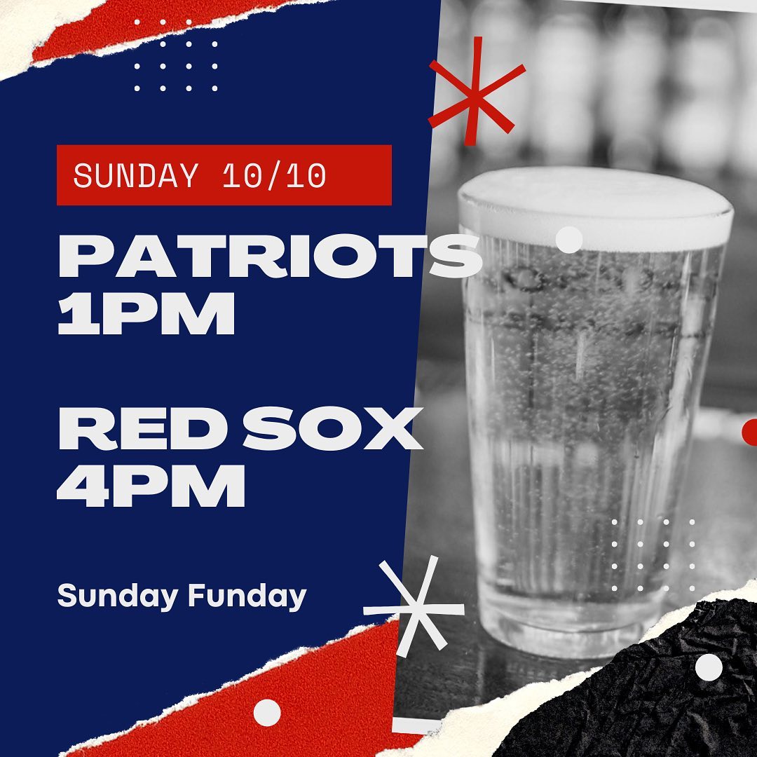 Sunday Funday!We’re having a DAY! We are celebrating the lives of two great men, raffles and corn hole and fun with friends!Patriots at 1.Red Sox at 4.Sunday Hours 12-8PM. Kitchen closing at 7:30PM.