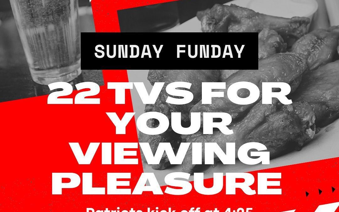 Sunday Funday! Patriots kick off at 4:25. 22 TVs for your viewing pleasure. Sunday Hours: Kitchen: 12-7:30PM Dining Room: 12-8PM Bar: Open late, with Sicilian Pizza slices available #shoppers #waltham #moodyst #cocktails #beer #patriots #nfl