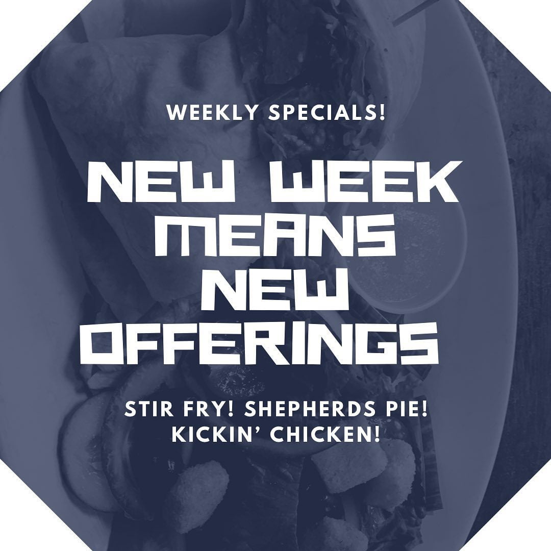 Going forward, every Wednesday  we will update the features specials.This week on the board:Chicken Stir Fry served over jasmine rice.Shepherds Pie. Slow braised beef in a rich gravy topped with corn and mashed potato.Kickin’ Chicken Sandwich. Grilled chicken topped with Cajun spice, jalapeño, Swiss & honey mustard.Turkey BLT.Open Faced Turkey. Served over stuffing with mashed, gravy & corn.