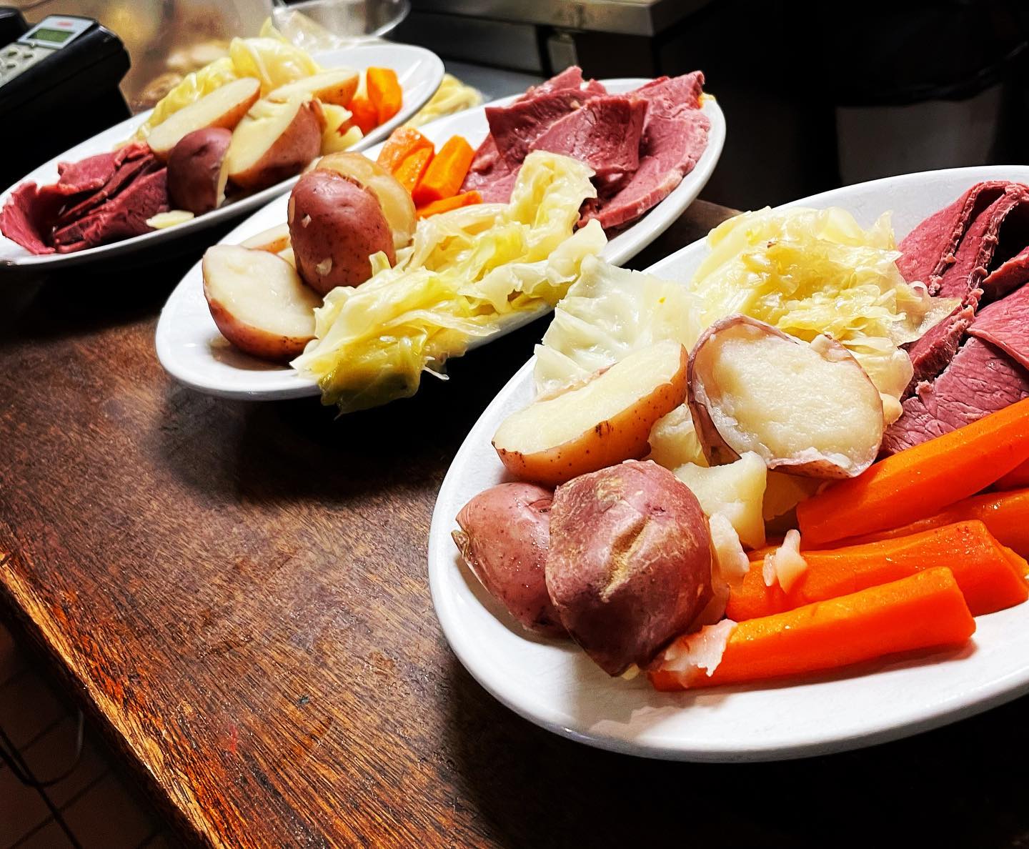 The corned beef brisket is simmering, the potatoes & carrots are chopped, the cabbage is trimmed.We will see you tomorrow! $20.95 ALL YOU CAN EAT!Guinness Beef Stew will be on the menu as well.Roast Beef will be on the board Friday!