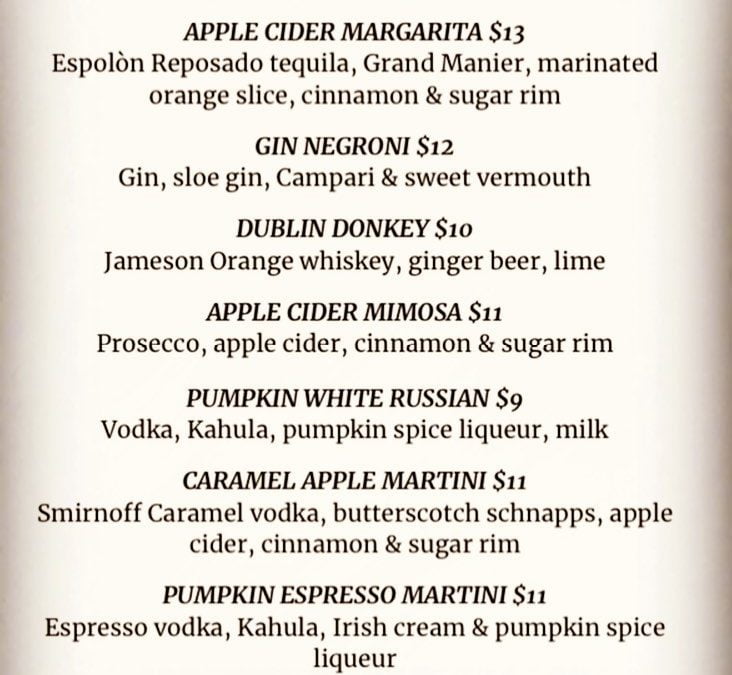 Fall is here! Time for an updated drink menu! Some old favorites: Apple Cider Mimosa, Caramel Apple Martini… New additions: Apple Cider Margarita, Pumpkin Espresso Martini… #shoppers #moodyst #waltham #fall #seasonal #changeisgood #goodbyeblenders