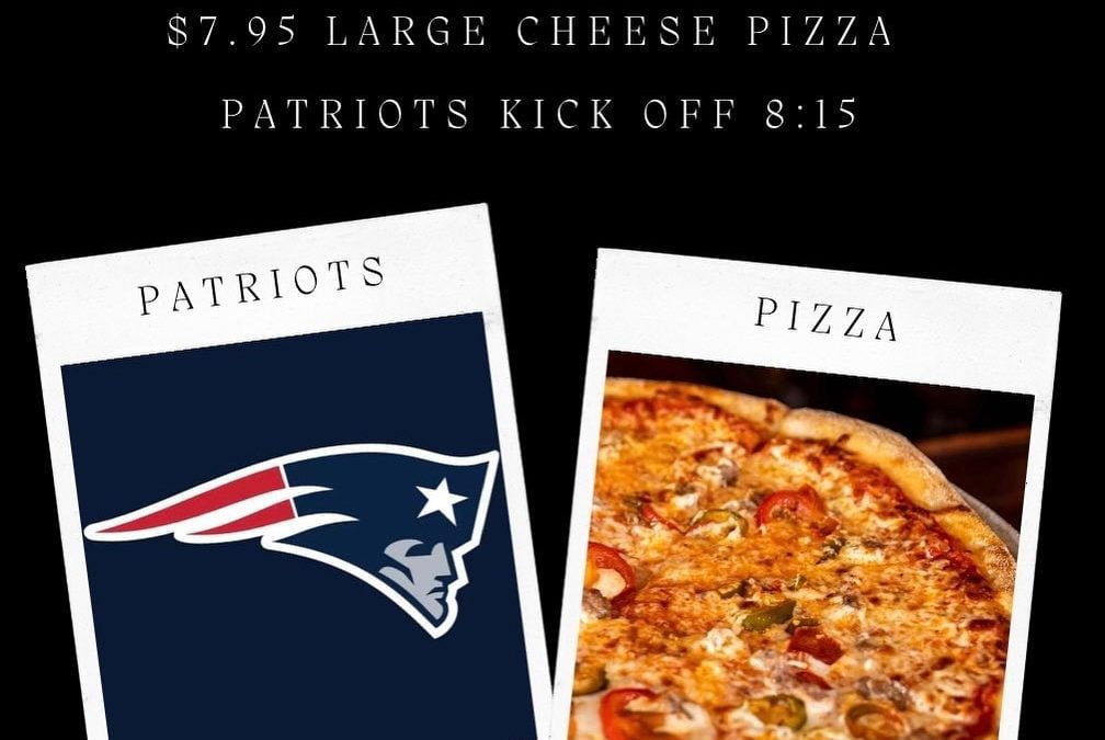 Pizza & Patriots tonight! Come watch and have dinner with us! Pizza for dine in only. Kitchen open until 10pm. #patriots #shoppers #moodyst #waltham #pizza