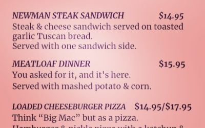 Specials going live today. The Newman, Meatloaf Dinner & Cheeseburger Pizza. Come on down for lunch or dinner and sign up for History of Waltham Trivia while you’re here! #Waltham #moodyst #specials #lunch #dinner #wehavefunhere