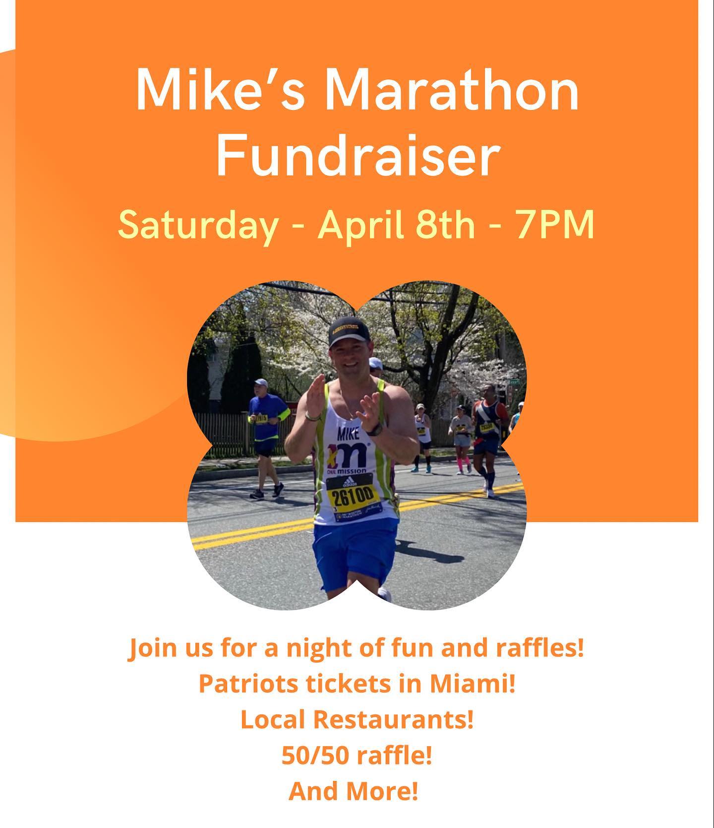 Join us Saturday night, April 8th for Mike’s Marathon Fundraiser! 🧡Mike is running again to support @onemissionofficial - whatever it takes to get kids through cancer.Can’t be there but want to help? Donation link is in bio.