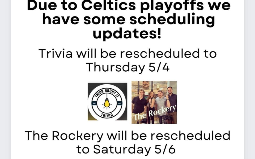 Happy Wednesday! Some updates on our events this week… Trivia now Thursday 5/4! The Rockery now Sat 5/6! Thank you for understanding & as always please call ahead with takeout or large groups! #moodyst #celtics #livemusic #trivia