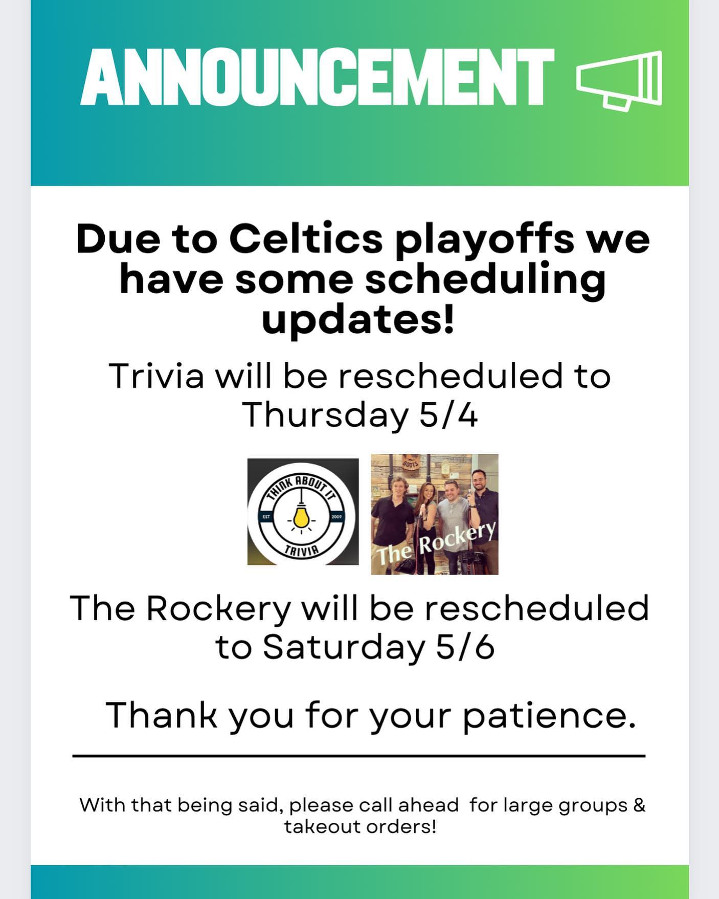 Happy Wednesday! Some updates on our events this week…
Trivia now Thursday 5/4!
The Rockery now Sat 5/6!Thank you for understanding & as always please call ahead with takeout or large groups!