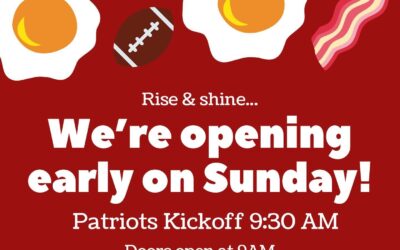 Opening at 9am on Sunday to watch the Patriots play in Germany! Breakfast sandwiches all morning!! See you for kickoff & a bloody 🍾 #patriots #openearly #moodyst #bloodymary #breakfast