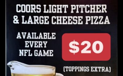 Monday night football is back, & so is our NFL special!  $20 for a large cheese & pitcher of coors! Dine in only – toppings extra. #nfl #mondaynightfootball #pizza #coorslight #moodyst #shopperscafe