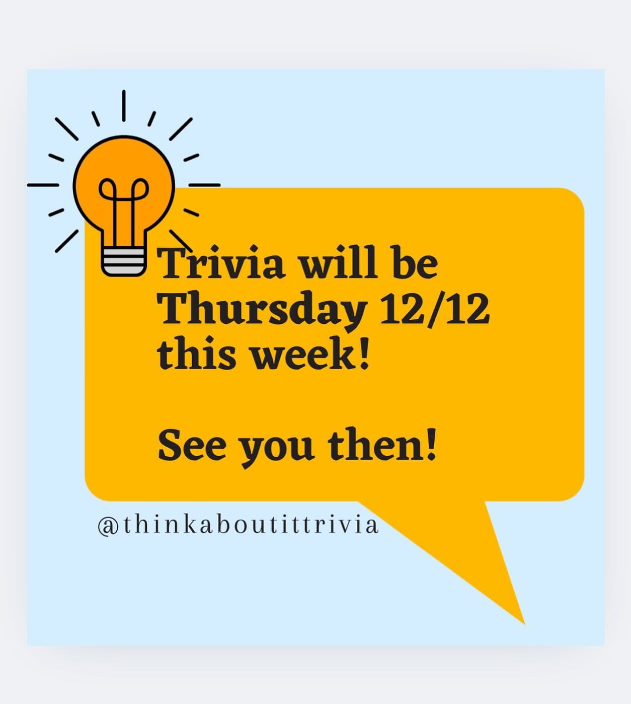 ️ Date Change! ️

Trivia we’ll be held on THURSDAY this week due to some events happening in the dining room! 

See you then!! 🥳