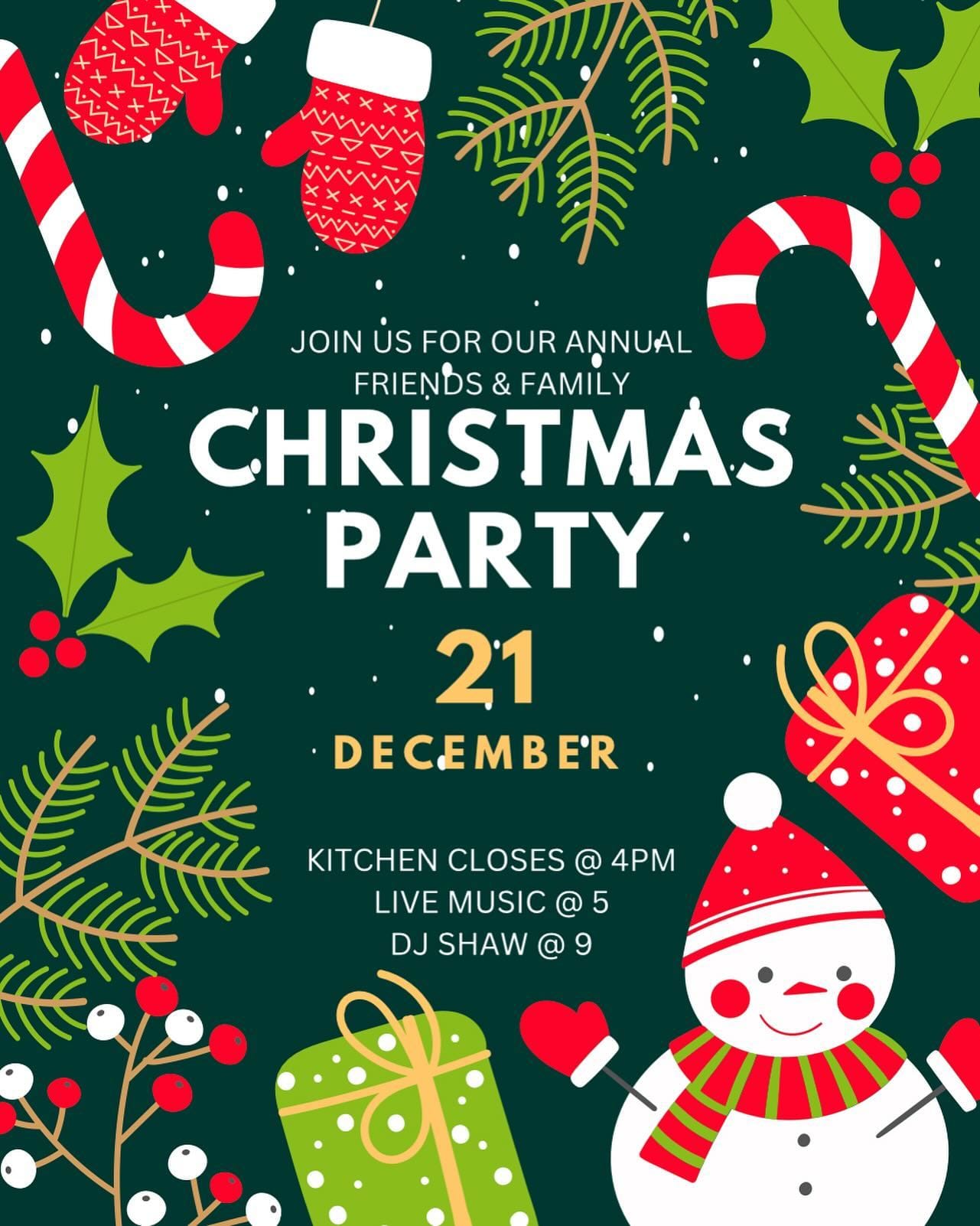 Shoppers Annual Friends & Family Christmas Party 🏼

Join us for a fun night celebrating our friends, family & staff.. everyone we love & appreciate!! 

Kitchen will be closing at 4pm
Dining room will be closing at 4:30pm. 

We hope to see you there!