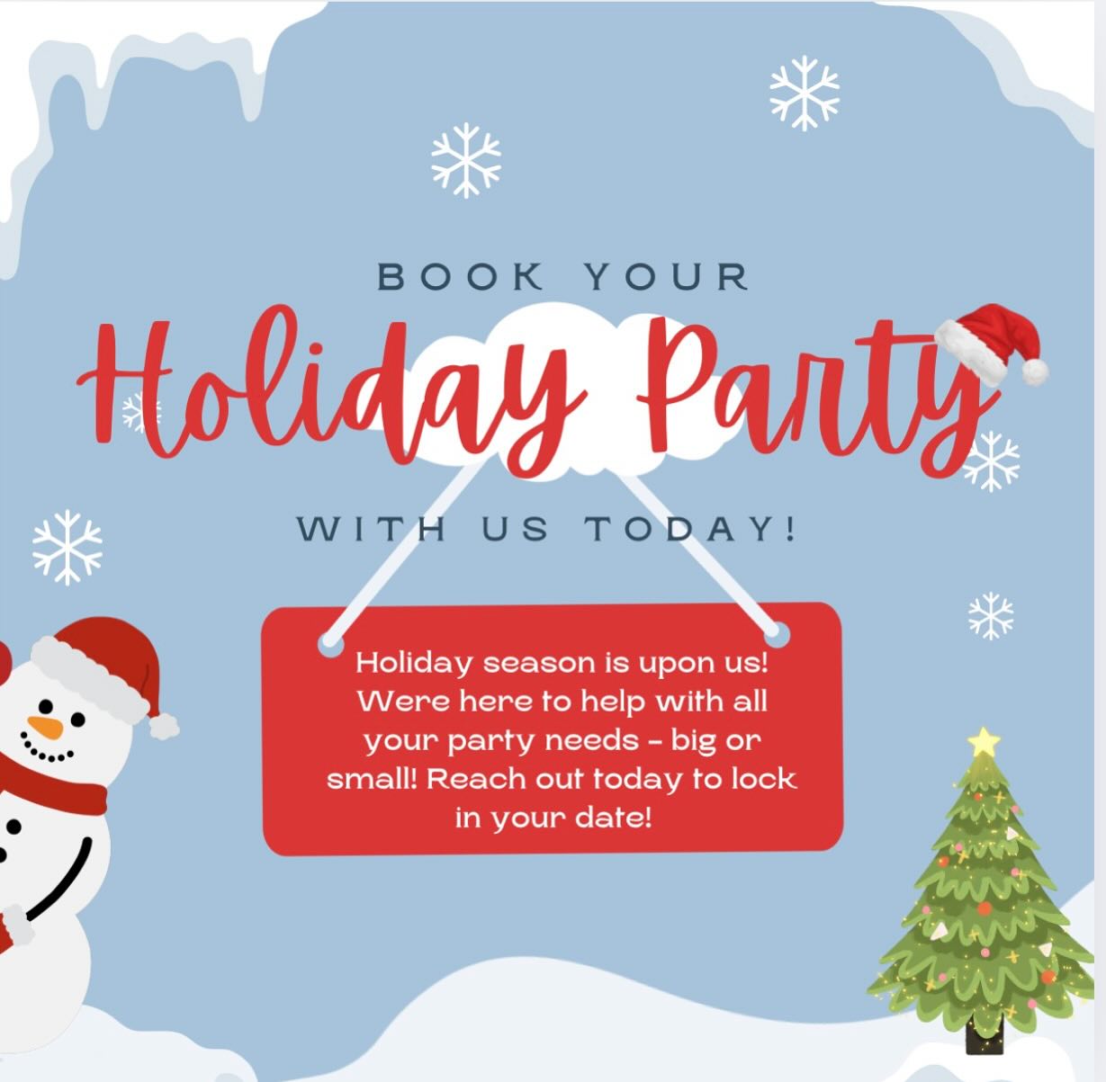 Tis the season for Holiday Parties!Whether it’s your work crew, family, or friends - we got you covered with all your party needs!We can accommodate large or small groups, pre set menus available, full bar, kid friendly!Let us help you! Reach out today to reserve your date 🗓️