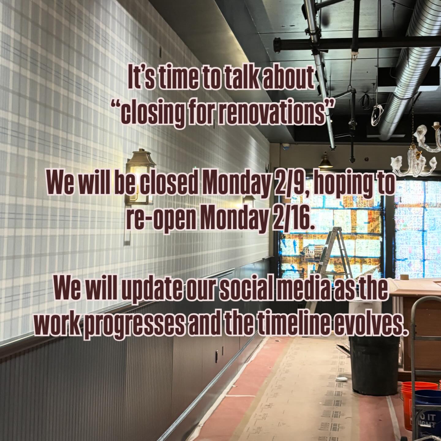 We’re getting close. 🤗We will be open normal hours all weekend, hosting a few events to go out with a bang before we close to finish the renovations.  🏒We will be closed Monday 2/9 and hoping to reopen Monday 2/16🤞, we will keep you updated as we progress through the week.