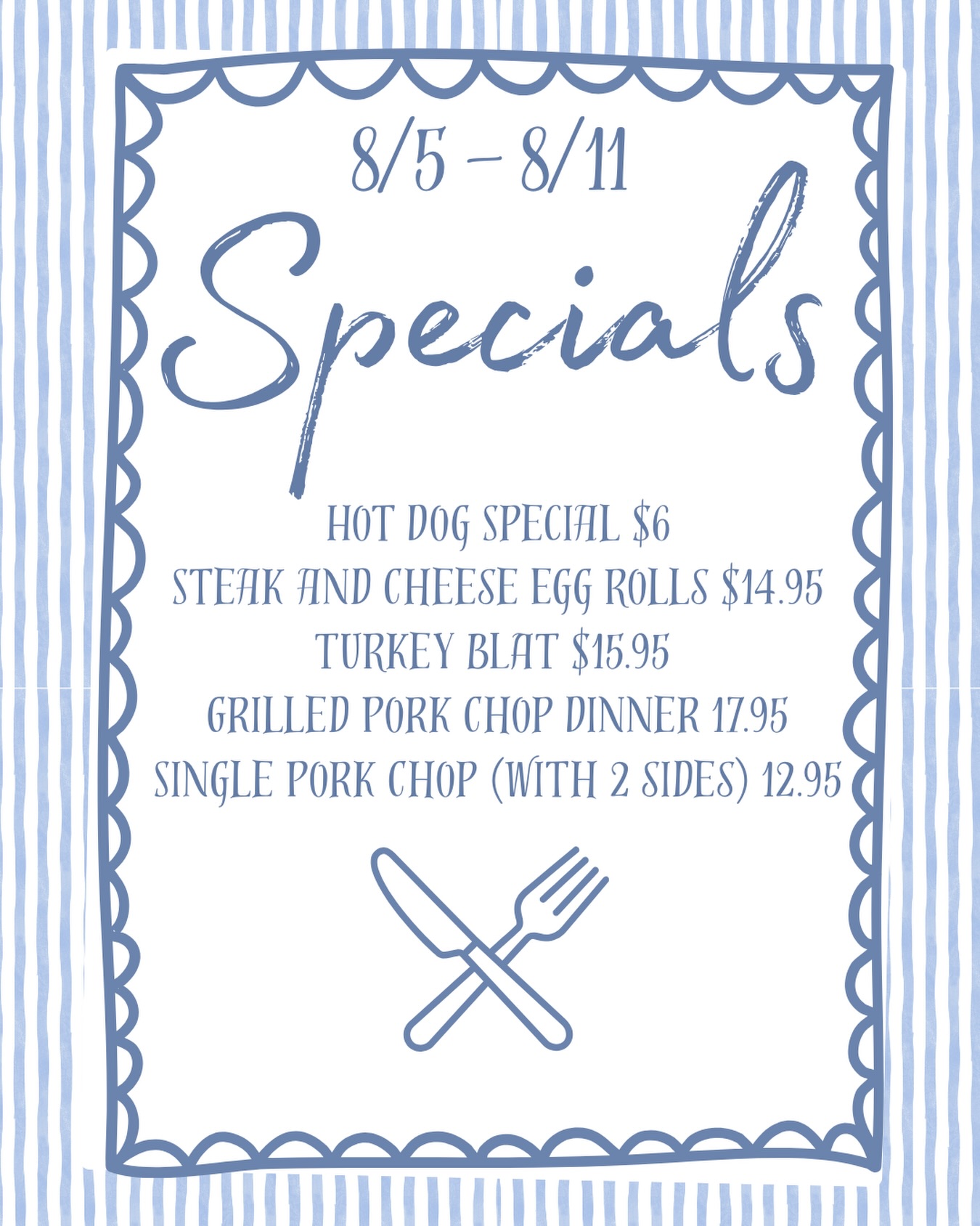 New Weekly Specials are HERE! 🤤This week’s lineup:🌭 Hot Dog Special – 2 Kayem all-beef hot dogs with potato chips for $6 (swap chips for fries for just $1 more!)🧀 Steak & Cheese Egg Rolls – Crispy, cheesy, and packed with flavor for $14.95🥪 Turkey BLAT – Fresh sliced turkey, bacon, lettuce, tomato, mayo & avocado on toasted Tuscan bread. Served with one sandwich side for $15.95🥩 Grilled Pork Chop Dinner – Two center-cut pork chops served with two sides for $17.95
Or grab a single pork chop with two sides for $12.95Come hungry…we’ll take care of the rest! 🍽️