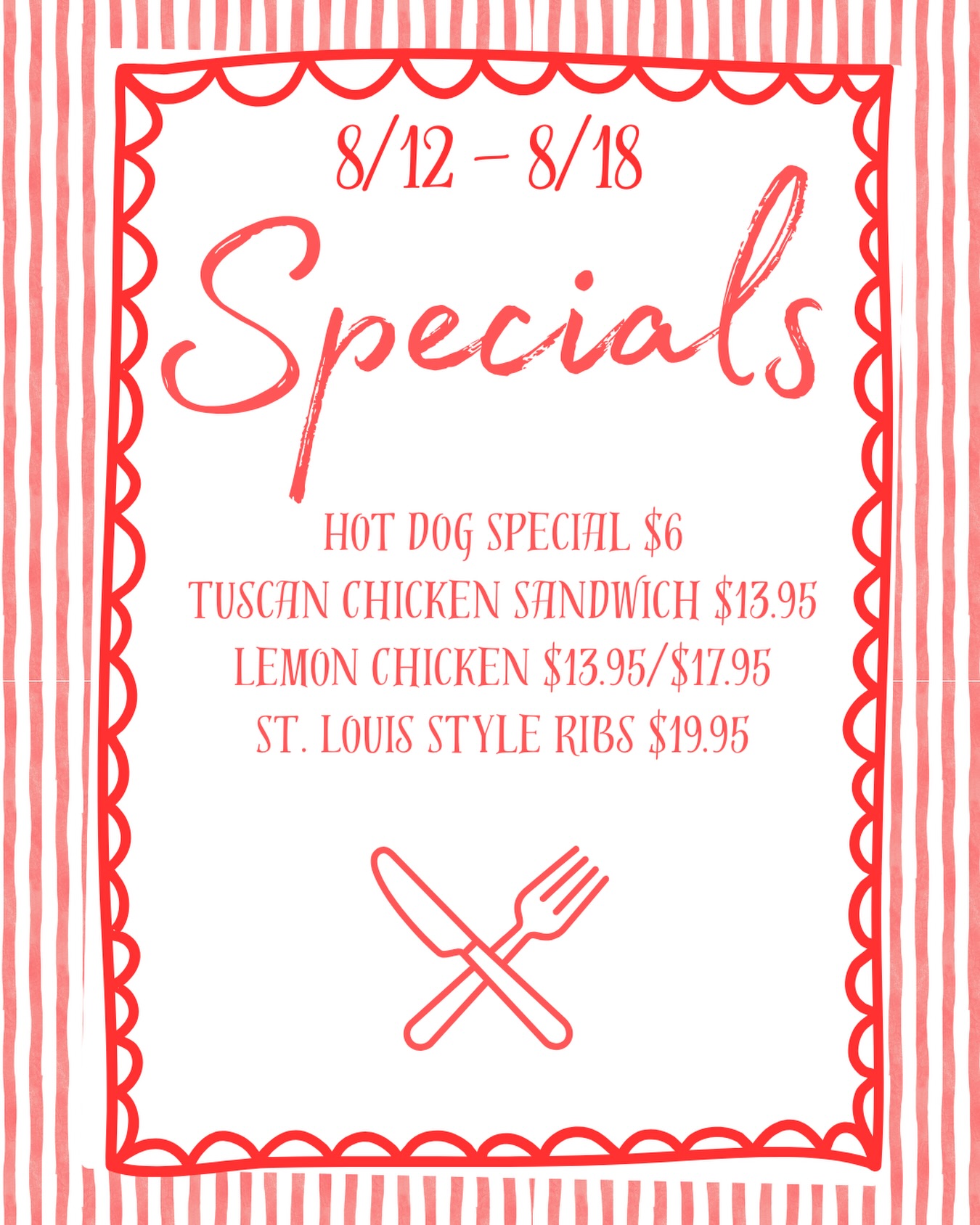 WEEKLY SPECIALS 🤤🌭 Hot Dog Special — $6.00
2 Kayem all-beef hot dogs with potato chips. Sub fries for $1.Tuscan Chicken Sandwich — $13.95
Grilled chicken breast, Swiss cheese, caramelized onions & roasted red peppers. Served with one sandwich side.🍋 Lemon Chicken — $13.95 / $17.95
Sautéed chicken & mushrooms in a lemon and white wine sauce over pasta. Don’t want pasta? Try it “Linda Despres Style” with rice & broccoli.St. Louis Style Ribs — $19.95
½ rack of ribs with a sweet, tangy BBQ sauce, served with baked beans & cole slaw.Come get them before they are gone!!!