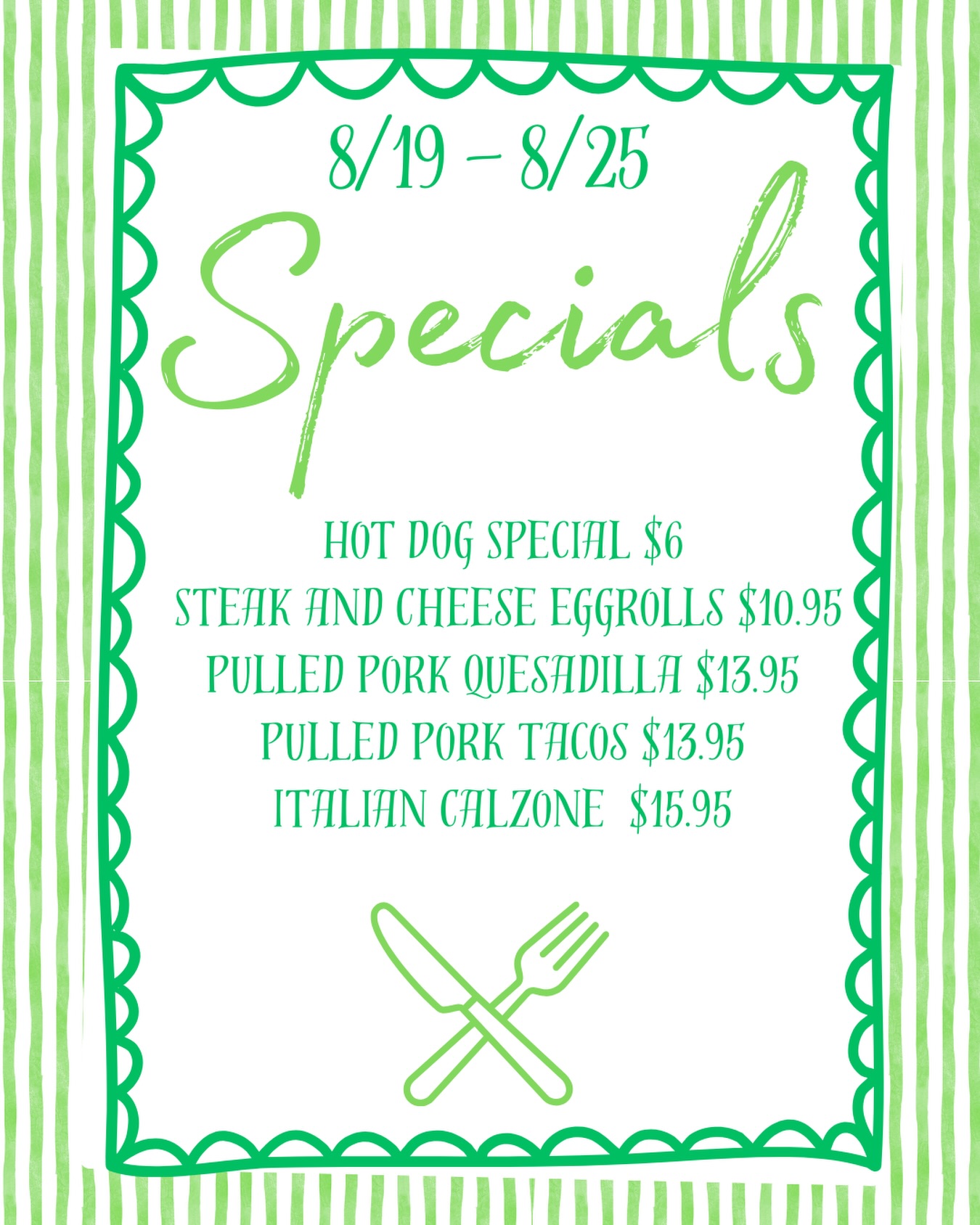 WEEKLY SPECIALS ARE HERE! 🤤Starting today, come hungry because we’ve got some good ones this week:🌭 Hot Dog Special — $6.00
2 Kayem all-beef hot dogs with potato chips. Sub fries for $1.🥩 Steak & Cheese Egg Rolls — $10.95
Served with our zesty slider sauce.Pulled Pork Quesadilla — $13.95
With peppers & onions.🌮 Pulled Pork Tacos — $13.95
3 tacos with cheese, lettuce & salsa.Italian Calzone — $15.95
Salami, mortadella, capicola, ham, mozzarella & provolone with roasted red peppers.Come grab your favorite before the week is over!