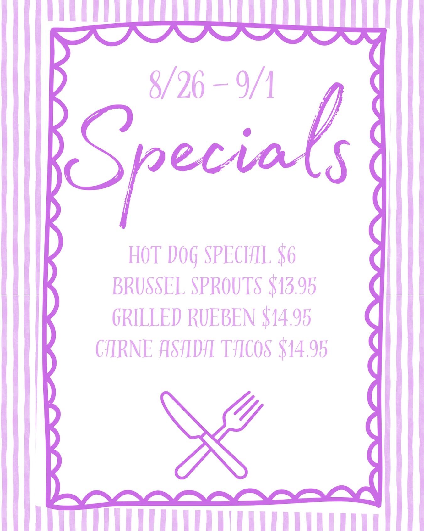 WEEKLY SPECIALS 🤤🌭 Hot Dog Special — $6.00
2 Kayem all-beef hot dogs with potato chips. Sub fries for $1.Brussels Sprouts — $13.95
Fried & baked with caramelized onion, blue cheese crumbles, bacon & balsamic glaze.🥩 Grilled Reuben — $14.95
Lean corned beef piled high on marble rye with Swiss cheese, coleslaw & Thousand Island dressing, served with a side.🌮 Carne Asada Tacos — $14.95
Marinated steak with fresh pico de gallo & homemade salsa on corn tortillas.Which one are you trying first?