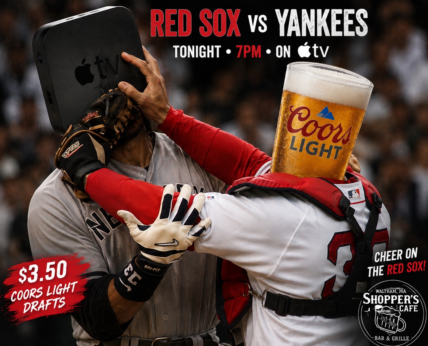 Not everyone has Apple TV… but we do🥳Come watch the Red Sox vs. Yankees game tonight at 7 and enjoy a nice cold beer and cheer on your favorite team ️