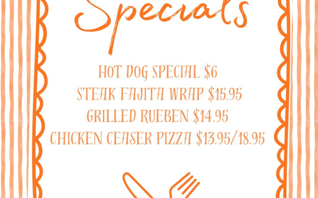 WEEKLY SPECIALS are here  🌭 Hot Dog Special — $6.00 2 Kayem all-beef hot dogs with potato chips. Sub fries +$1 🌯 Steak Fajita Wrap — $15.95 Marinated steak, cheddar cheese, sautéed peppers & onions, lettuce and salsa. Served with one sandwich side. 🥪 Grilled Reuben — $14.95 It’s back for a limited time! Lean corned beef piled high on marble rye with Swiss cheese, coleslaw & Thousand Island dressing. Served with one sandwich side.  Chicken Caesar Pizza — $13.95 / $18.95 Caesar dressing instead of sauce, mozzarella cheese & chicken, topped with a Caesar salad and croutons. We know your mouth is watering rn…