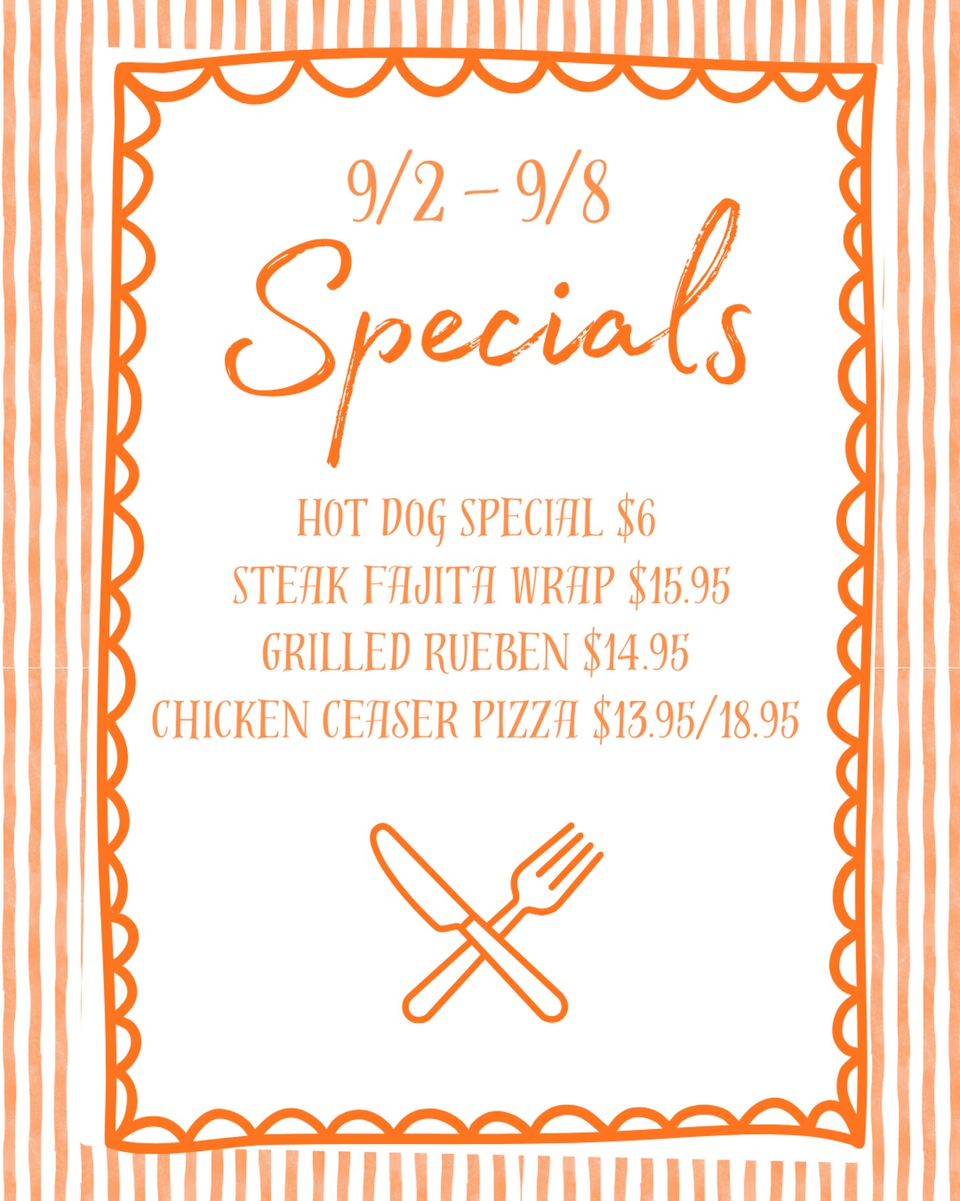 WEEKLY SPECIALS are here🌭 Hot Dog Special — $6.00
2 Kayem all-beef hot dogs with potato chips. Sub fries +$1🌯 Steak Fajita Wrap — $15.95
Marinated steak, cheddar cheese, sautéed peppers & onions, lettuce and salsa. Served with one sandwich side.🥪 Grilled Reuben — $14.95
It’s back for a limited time! Lean corned beef piled high on marble rye with Swiss cheese, coleslaw & Thousand Island dressing. Served with one sandwich side.Chicken Caesar Pizza — $13.95 / $18.95
Caesar dressing instead of sauce, mozzarella cheese & chicken, topped with a Caesar salad and croutons.We know your mouth is watering rn…