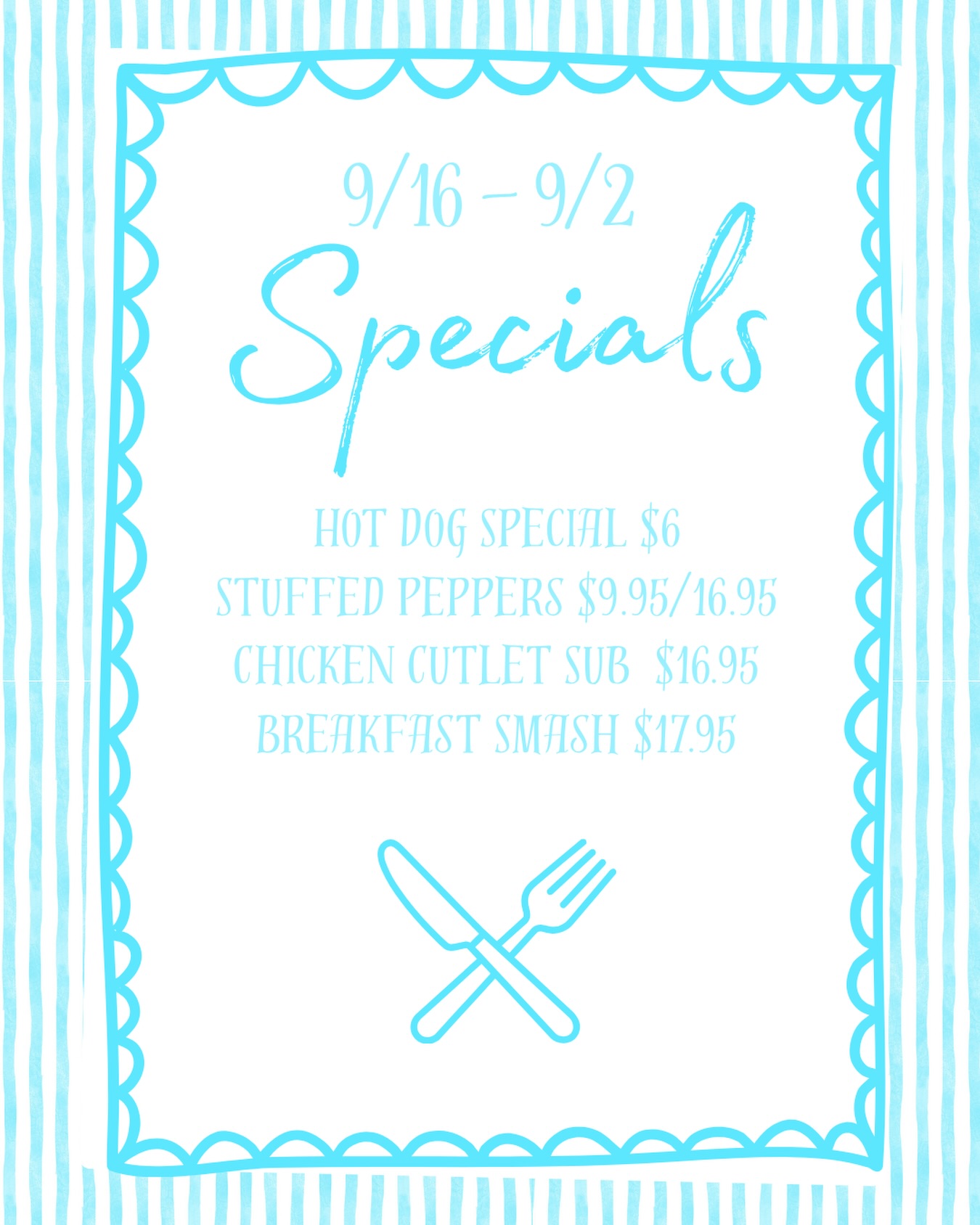 SPECIALS THAT HIT THE SPOT 🤤🌭 Hot Dog Special – $6.00
Two Kayem all-beef hot dogs, potato chips, and all the good stuff. Sub fries for $1!🫑 Stuffed Peppers – $9.95 / $16.95
Ground beef, rice, and veggies stuffed in a bell pepper, topped with marinara and served with a side salad.Chicken Cutlet Sub – $16.95
Garlic oil, Parmesan, banana peppers, lettuce, and tomato. Basically, your lunch plans are handled.Breakfast Smash – $17.95
A smash burger loaded with American cheese, bacon, egg, and hash brown. Breakfast for dinner? We’re in.Come hungry, leave happy.