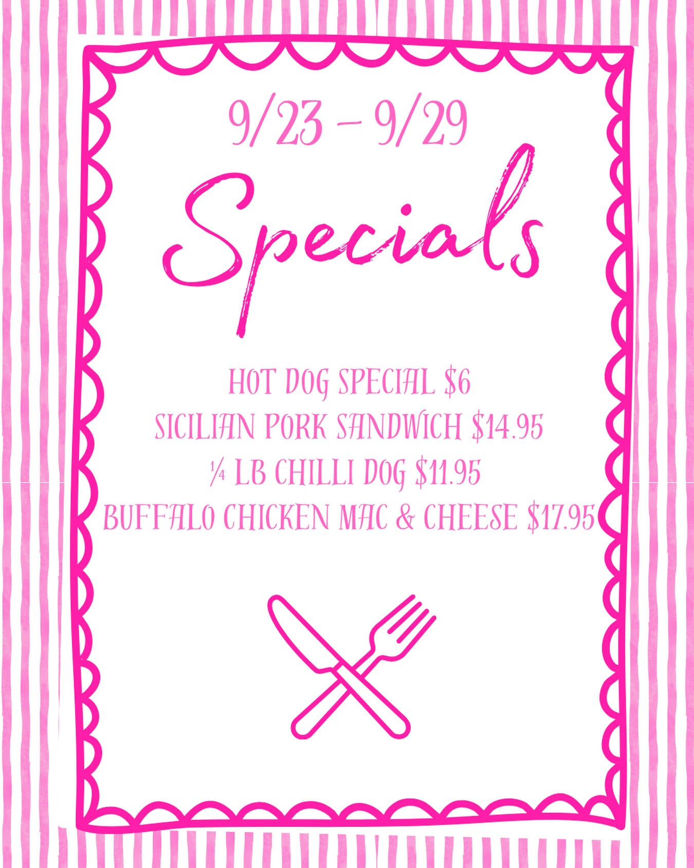 Our weekly specials are here🌭 Hot Dog Special — $6
2 Kayem all-beef hot dogs with potato chips🥪 Sicilian Pork Sandwich — $14.95
Fried pork cutlet, provolone, homemade marinara, pepperoni & cherry peppers + a side🌶️ ¼ lb Chili Dog — $11.95
Nathan’s dog topped with homemade chili, cheddar & whatever else you want + a side🧀 Buffalo Chicken Mac & Cheese — $17.95
Freddy’s Mac is back! Get it with or without buffalo chicken