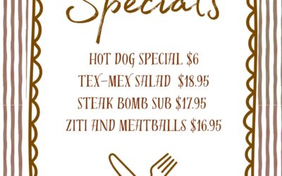 Weekly specials are here  🌭 Hot Dog Special — 2 Kayem all-beef hot dogs with potato chips | $6 🌮 Tex-Mex Salad — Marinated steak, romaine, black beans, corn, tomato, avocado, onions & tortilla strips | $18.95 🥩 Steak Bomb Sub — American cheese, peppers, onions, mushrooms & capicola, served with a sandwich side | $17.95  Ziti & Meatballs — 3 of Linda’s homemade meatballs with marinara over ziti, served with garlic bread | $16.95 Come by and try