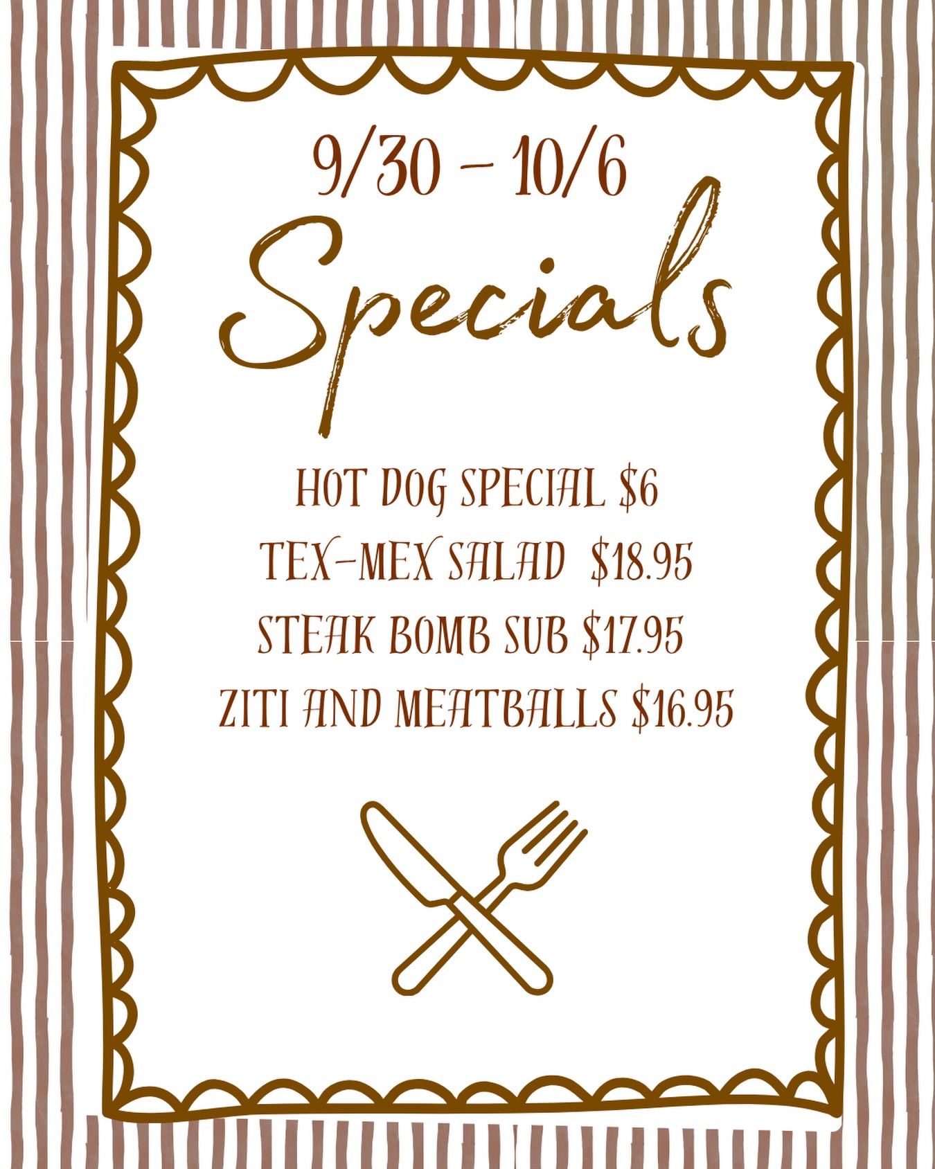 Weekly specials are here🌭 Hot Dog Special — 2 Kayem all-beef hot dogs with potato chips | $6🌮 Tex-Mex Salad — Marinated steak, romaine, black beans, corn, tomato, avocado, onions & tortilla strips | $18.95🥩 Steak Bomb Sub — American cheese, peppers, onions, mushrooms & capicola, served with a sandwich side | $17.95Ziti & Meatballs — 3 of Linda’s homemade meatballs with marinara over ziti, served with garlic bread | $16.95Come by and try