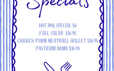 WEEKLY SPECIALS ARE HERE!  🌭 Hot Dog Special — $6.00 2 Kayem all-beef hot dogs with potato chips. Sub fries +$1! 🥗 Fall Salad — $16.95 Roasted sweet potatoes, bacon, feta, red onion, tomatoes & dried cranberries over little leaf. Add your favorite protein!  Chicken Parm Meatball Skillet — $16.95 Hand-packed chicken meatballs, homemade marinara & melted mozzarella. Perfect for sharing or as a meal! 🥪 Pastrami Bomb — $16.95 Lean pastrami, caramelized onions, mushrooms, hots, American cheese & potato chips on a sub roll. Served with one sandwich side! See you soon